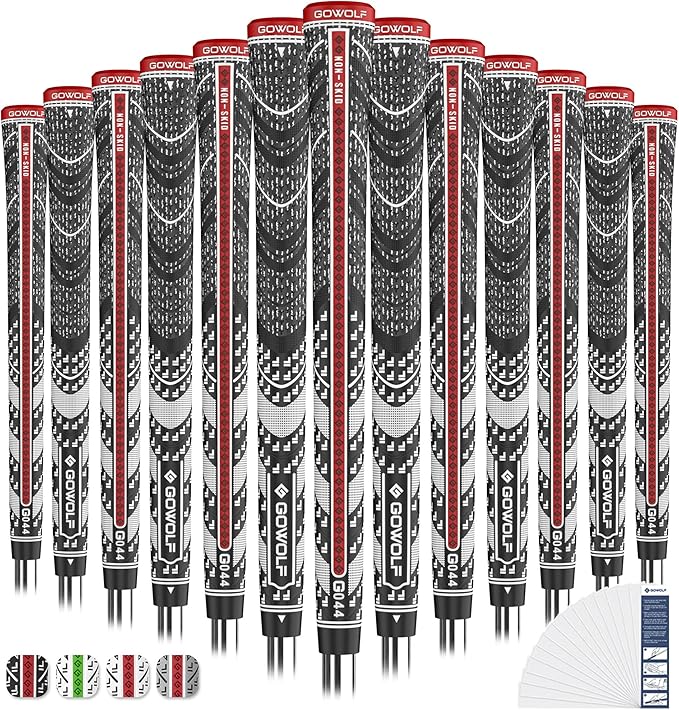 Gowolf Premium Cross Corded Natrual Rubber Golf Grips 13 Pack, Back Rib Improved Control Multi-compound Hybrid Golf Club Grips with 15pc Tapes or Full Kits