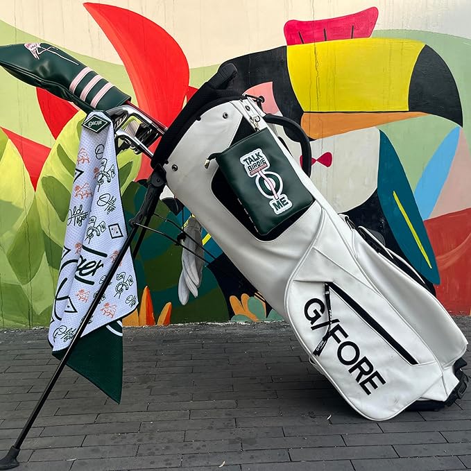 PINKTEE Golf Valuables Pouch Funny Golf Accessories Bag with Zipper Master Green Premiun Leather Golf Tee/Ball Pouch for Women Men (TALK BIRDIE TO ME, White stripe)