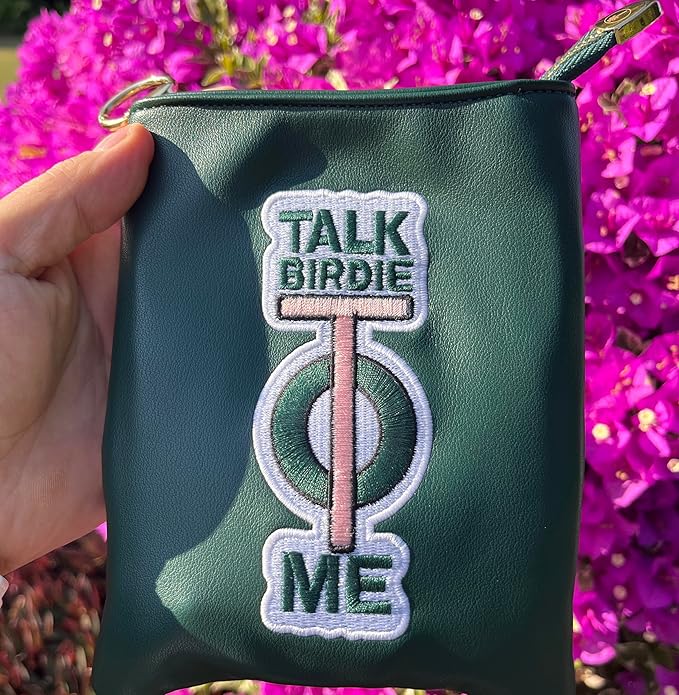 PINKTEE Golf Valuables Pouch Funny Golf Accessories Bag with Zipper Master Green Premiun Leather Golf Tee/Ball Pouch for Women Men (TALK BIRDIE TO ME, White stripe)