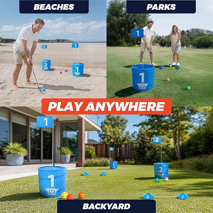 TOY Life Golf Bucket Game Set, 3 Holes Backyard Golf Game for Adults Family Kids, Portable Golf Course with Balls and Flag, Outdoor Indoor Backyard Golf Game Gifts for Beach, Yard, Camping and Lawn