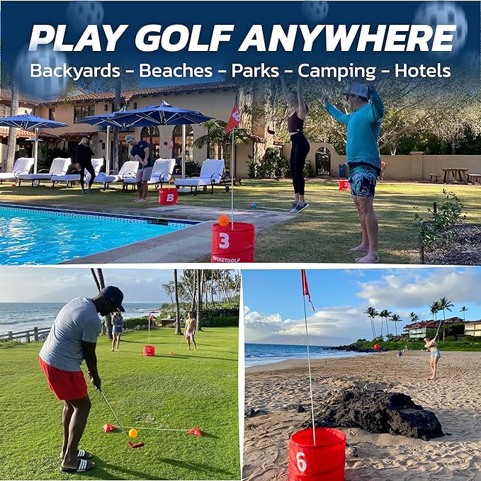bucketgolf Original Game 3-Hole Travel Set – #1 Backyard Golf Game for Adults. Ideal for Yard, Beach, Park, Camping, and Outdoor Fun. (2 Right-Hand Clubs)