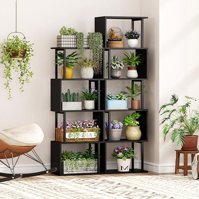 Yusong Bookshelf 5-Tier, Geometric Bookcase S Shaped Book Shelves for Bedroom, Modern Wood Decorative Display Shelf Corner for Home Office, Black