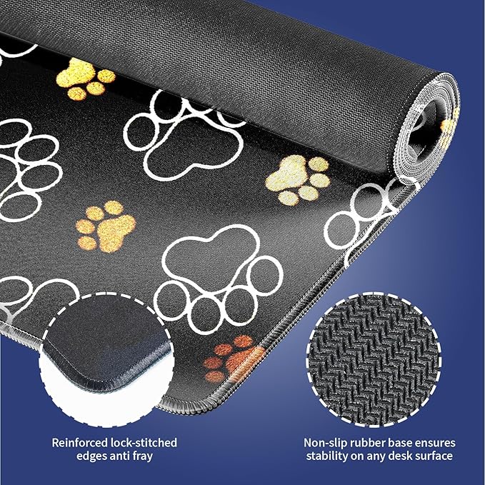 Wknoon. Extra Large Gaming & Office Mouse Pad (31.5" x 11.8") – Abstract Cute Dog Paw Prints Gold and White Design, Premium Anti-Slip XXL Desk Mat with Durable Stitched Edges