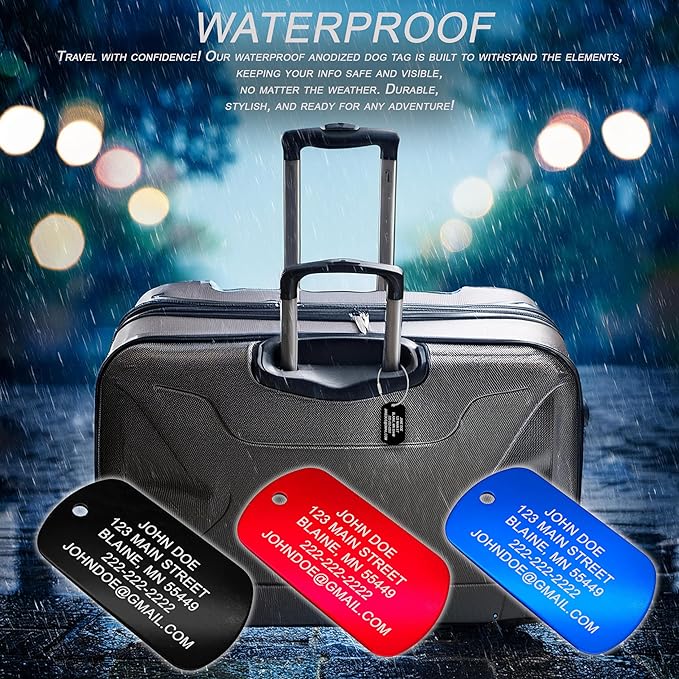 High Visibility Durable Anodized Aluminum Luggage Tags - 2 Pack, Customizable Travel ID Tag for Luggage, Golf Bags & More - Personalized Imprinted ID Tags (Black)