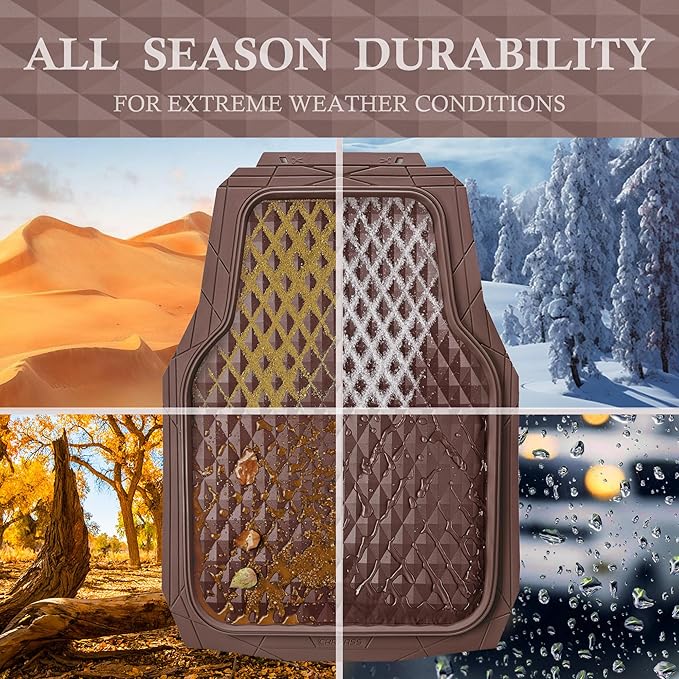 CAR PASS Heavy Duty Rubber Car Mats, Deep Dish All-Weather Floor Mat for Car Full Set Durable Anti-Slip 3D Rhombus Waterproof Trim to Fit Liner Universal Fit Automotive,Sedan,SUV,Truck, 3 Piece Brown