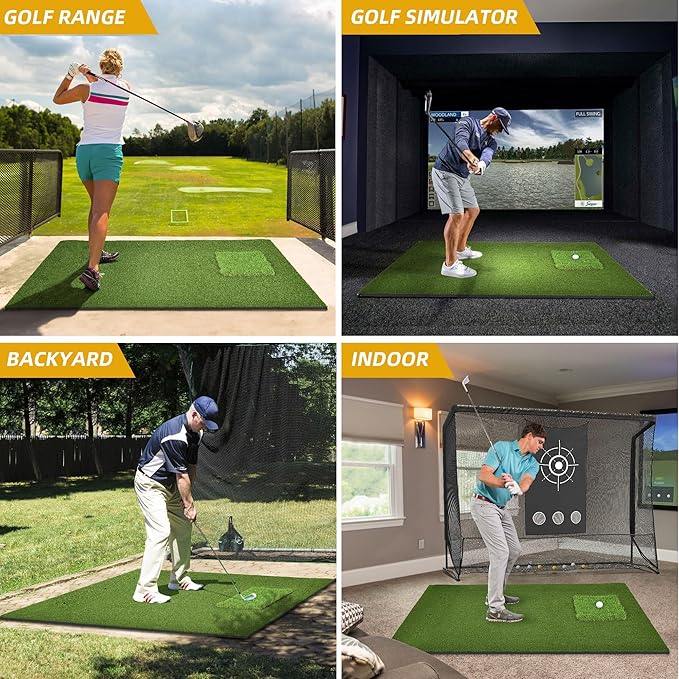5x4ft Golf Hitting Mat, Thickened 21mm/31mm/36mm Artificial Turf Golf Practice Mats for Indoor Outdoor Backyard Driving Swing Training with 9 PU Balls, 3 Rubber Tees, 7 Tees