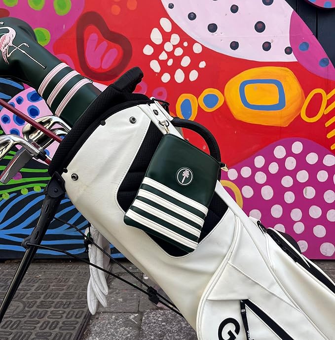 PINKTEE Golf Valuables Pouch Funny Golf Accessories Bag with Zipper Master Green Premiun Leather Golf Tee/Ball Pouch for Women Men (TALK BIRDIE TO ME, White stripe)