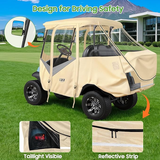 10L0L 4 Passenger Golf Cart Driving Enclosure for Club Car Precedent with Short Roof Up to 57", 4-Sided Clear Window 600D Rain Cover All Weather Windproof Waterproof - Beige with Grey