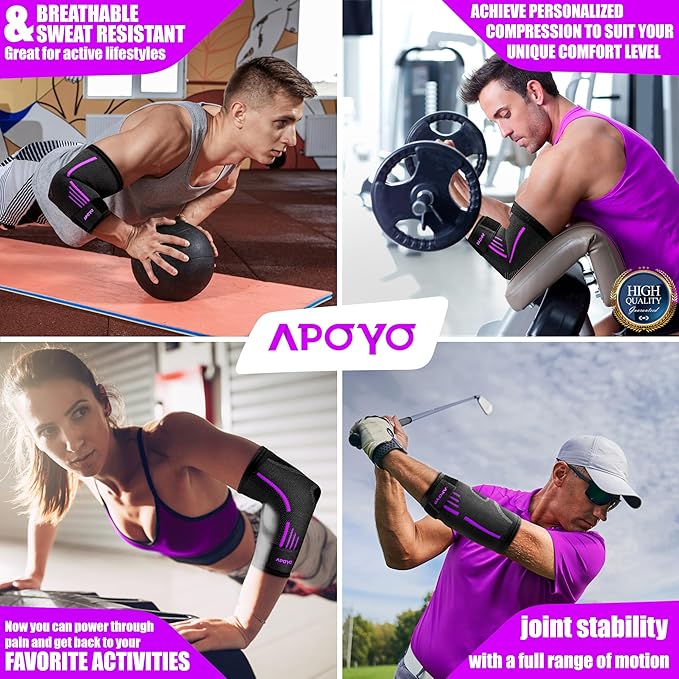 APOYO Elbow Brace for Tendonitis and Tennis Elbow, Elbow Compression Sleeve, Elbow Brace for Women and Men w/ Adjustable Strap for Tennis Elbow Relief, Weightlifting, Arthritis, Workouts, Reduce Joint Pain During Fitness Activity (Purple (Pair), X-Large)