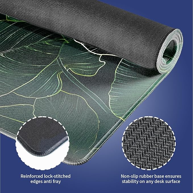 Extended XXL Gaming Mouse Pad with Stitched Edges for PC Home & Office - Lush Green Leafy Pattern with Golden Edges Palm Texture, Smooth Fabric Surface Anti-Slip Natural Rubber Base Large Desk Mat