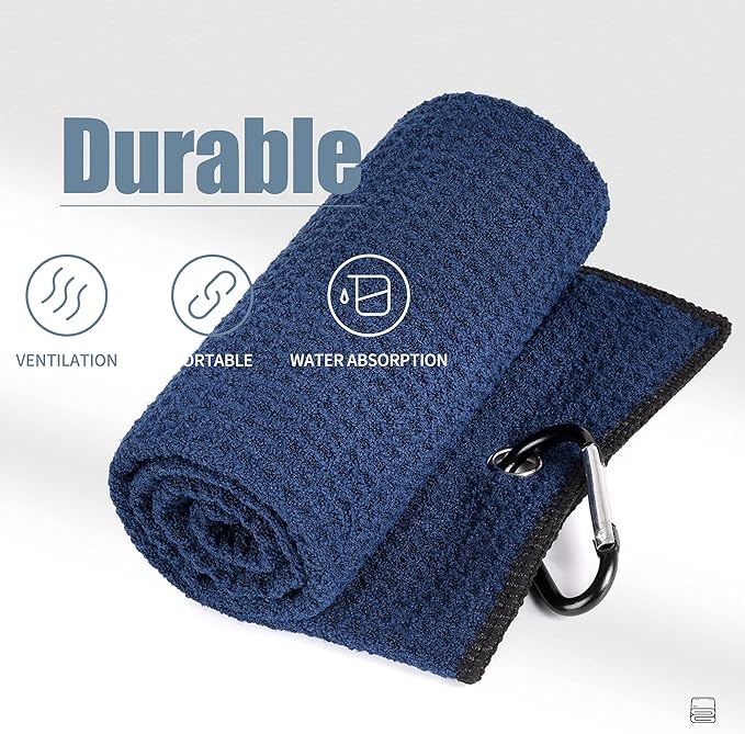 Mile High Life Tri-fold Golf Towel | 16" X 24" | Premium Microfiber Fabric | Waffle Pattern | with Heavy Duty Carabiner Clip | for Men and Women (Black & Navy)