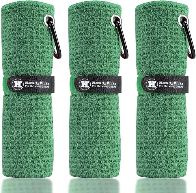 Handy Picks Microfiber Golf Towel (16" X 16") with Carabiner Clip, Waffle Pattern Golf Towel Hook and Loop Fastener - The Convenient Golf Cleaning Towel