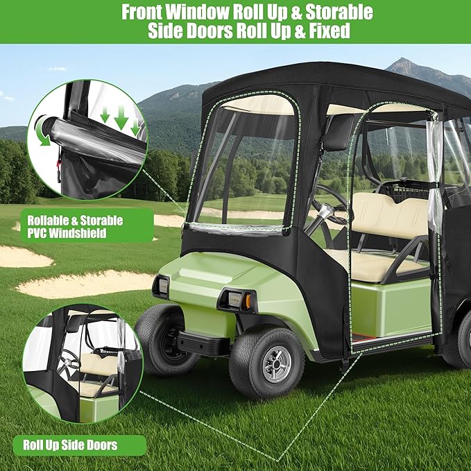 10L0L Golf Cart Driving Enclosure for 2 Passenger Club Car DS & Precedent, Waterproof Windproof Oxford Cloth 4-Sided Full Protection Club Car Rain Cover Weather Enclosure (Black/Transparent)