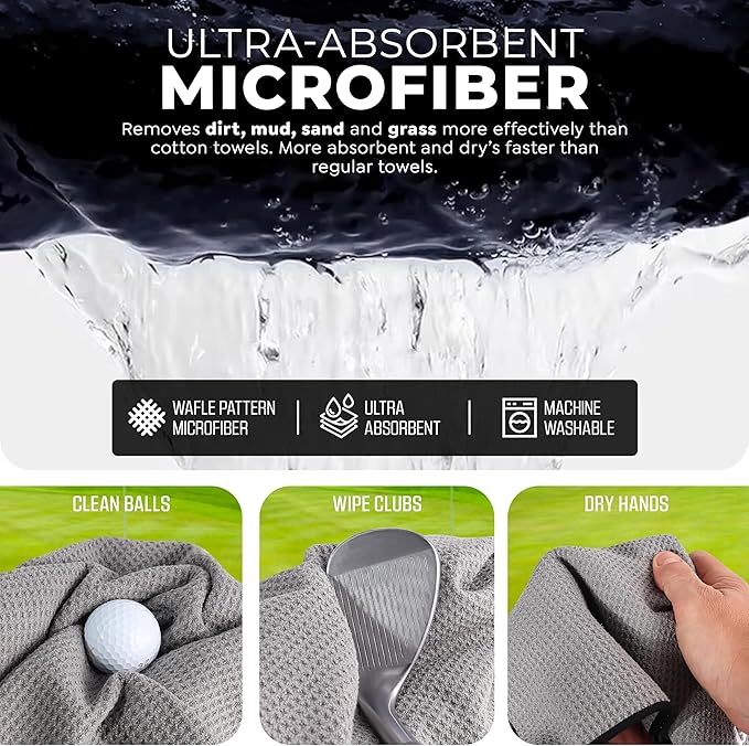 Golf'N Microfiber Towel - Magnetic Golf Towel Dark Gray 18" x 18" Golf Towels for Golf Bags with N52 Heavy Duty Magnets, Carabiner Clip & Cross Stitched Reinforced Loop, Premium Golf Accessories