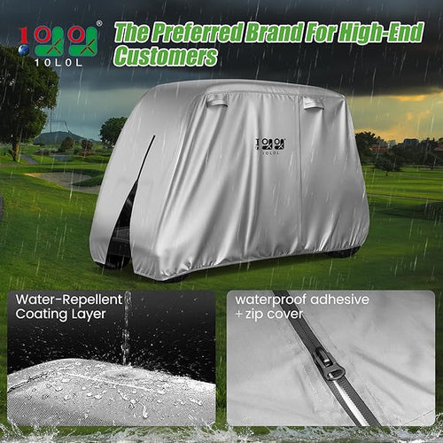 10L0L Golf Cart Cover 2/4/4+2 Passenger for Yamaha EZGO Club Car, Heavy Duty 420D Waterproof Windproof Durable Polyester Golf Cart Cover with 3 Zipper Doors for All-Weather Protection (Black/Silver)