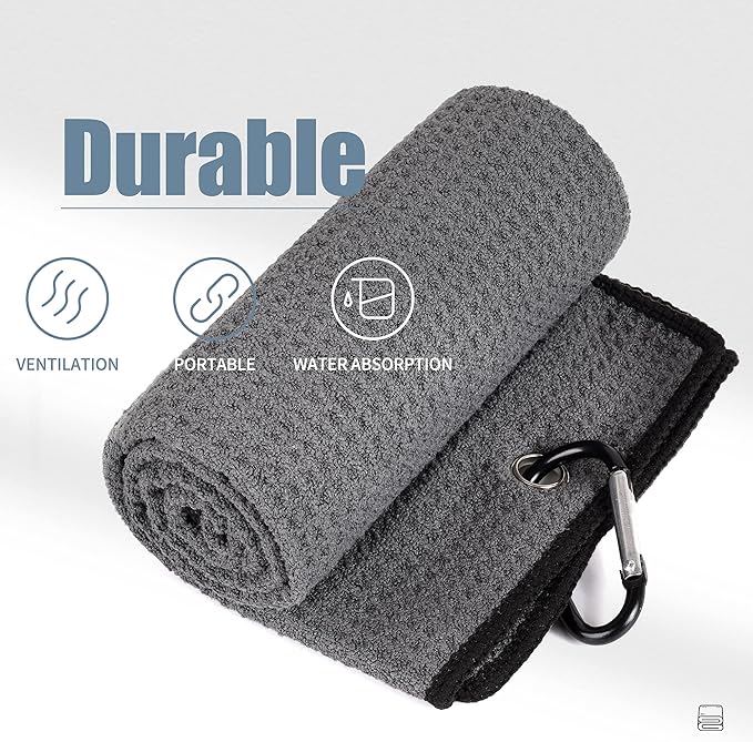 Mile High Life Tri-fold Golf Towel | 16" X 24" | Premium Microfiber Fabric | Waffle Pattern | with Heavy Duty Carabiner Clip | for Men and Women (2 Pack Dark Gray)