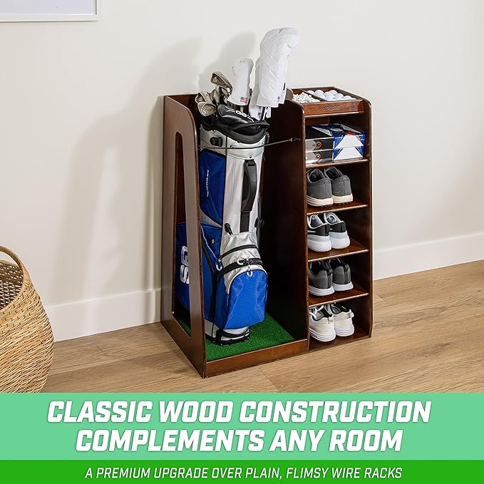 GoSports Premium Wooden Golf Bag Organizer and Storage Rack - Black, White or Brown Finish