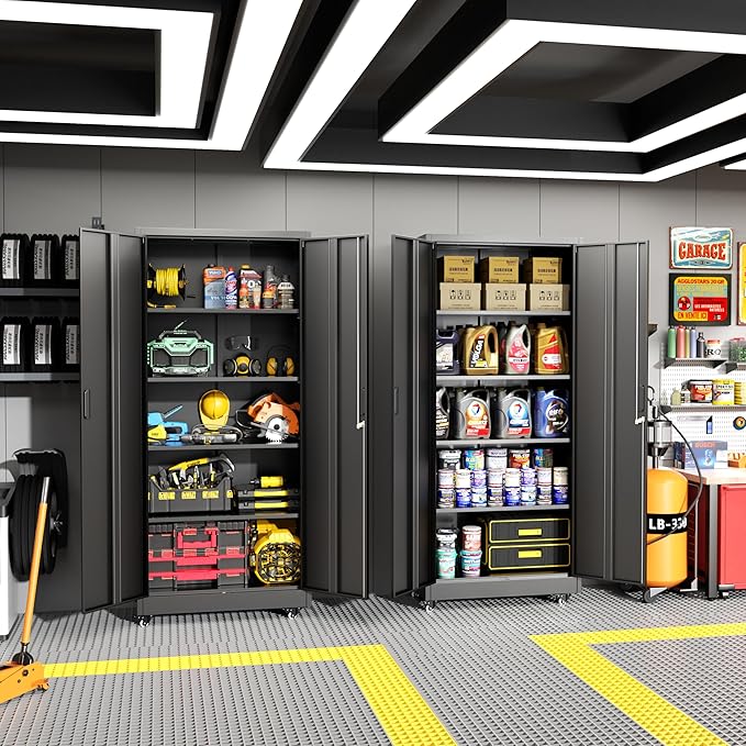 Greenvelly Metal Garage Storage Cabinet with 4 Swivel Wheels, 73” Black Storage Cabinet on Wheels, Rolling Tool Cabinet with Locking Doors and Shelves for Home, Basement, Kitchen Pantry, Warehouse