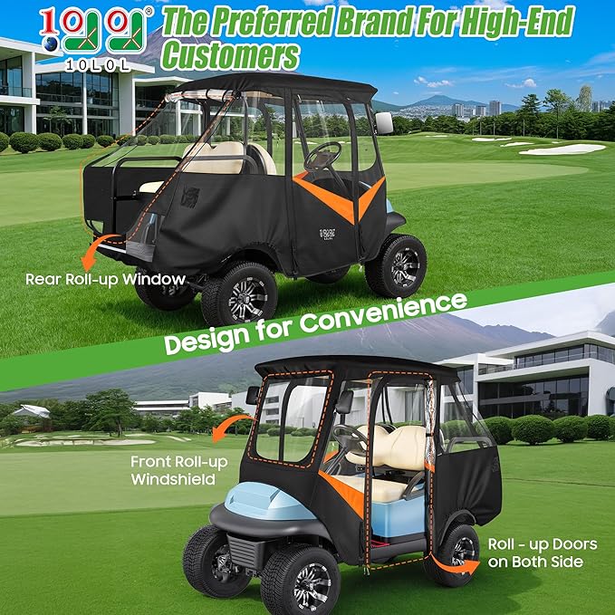 10L0L 4 Passenger Golf Cart Driving Enclosure for Club Car Precedent with Short Roof Up to 57", 4-Sided Clear Window 600D Rain Cover All Weather Windproof Waterproof - Black with Orange