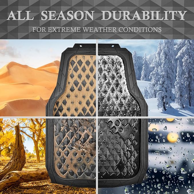 CAR PASS Heavy Duty Rubber Car Mats, Deep Dish All-Weather Floor Mat for Car Full Set Durable Anti-Slip 3D Rhombus Waterproof Trim to Fit Liner Universal Fit Automotive,Sedan,SUV,Truck, 3 Piece Black
