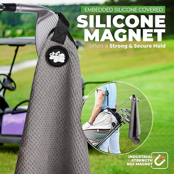 Golf'N Microfiber Towel - Magnetic Golf Towel Black 18" x 18" Golf Towels for Golf Bags with N52 Heavy Duty Magnets, Carabiner Clip & Cross Stitched Reinforced Loop, Premium Golf Accessories