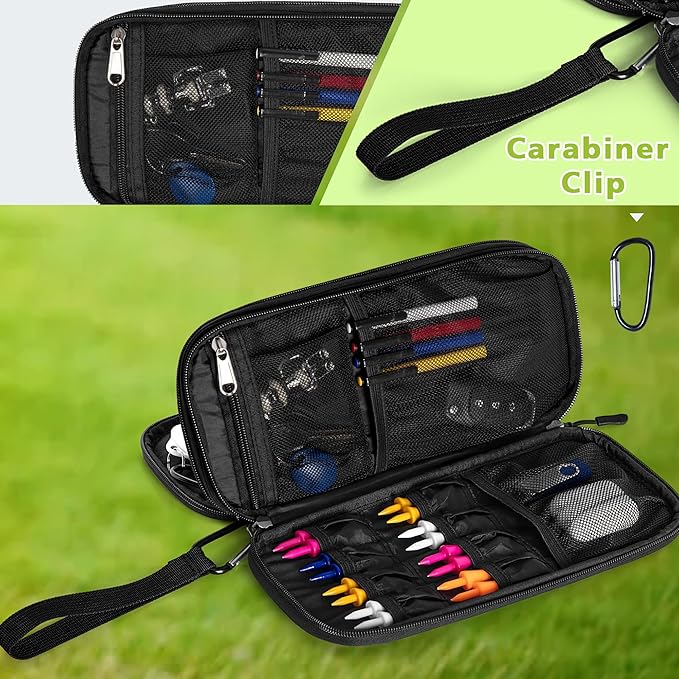 Golf Glove Holder, Golf Glove Case with A Pair of Golf Gloves Stretcher with Hook, Protective Golf Accessory Case for Tees, Ball Markers, Phone and Golf Essentials, Black