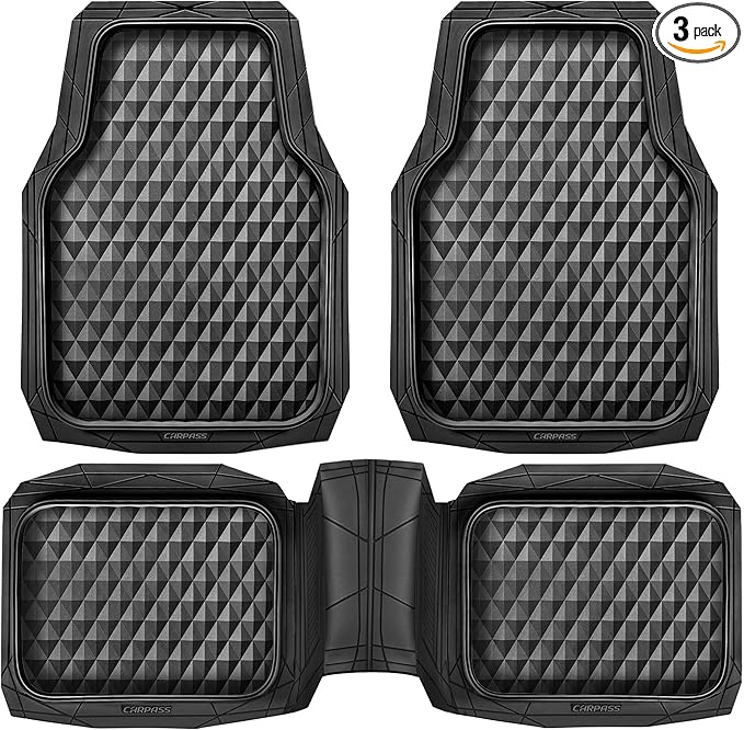 CAR PASS Heavy Duty Rubber Car Mats, Deep Dish All-Weather Floor Mat for Car Full Set Durable Anti-Slip 3D Rhombus Waterproof Trim to Fit Liner Universal Fit Automotive,Sedan,SUV,Truck, 3 Piece Black