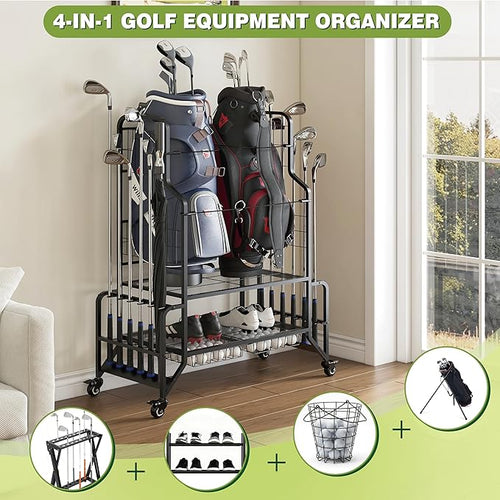 2 Golf Bag Storage Organizer Stand for Garage Heavy Duty Metal Golf Bags Storage Rack with Wheels Wave Club Holder 2 Drawers & Shoe Rack for Home Basement Shed