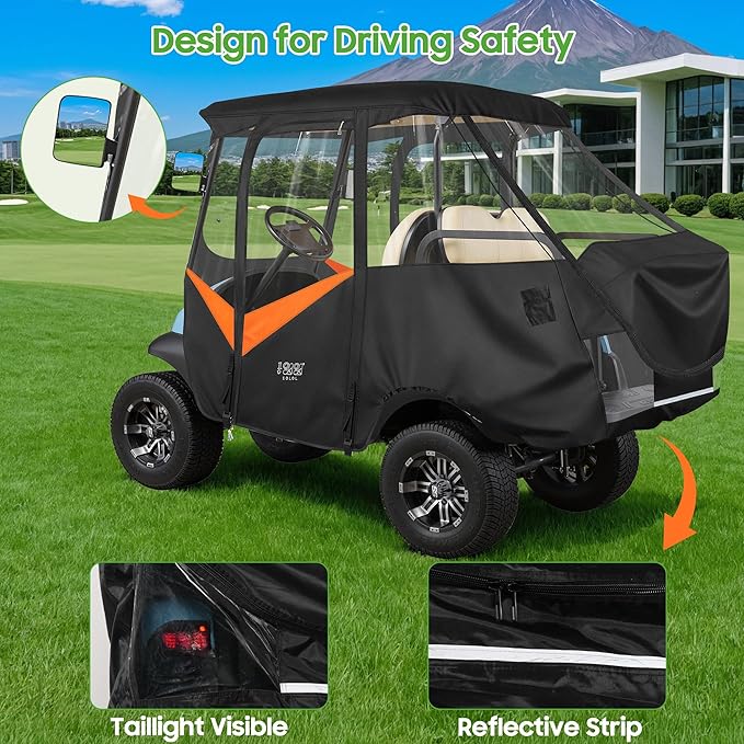 10L0L 4 Passenger Golf Cart Driving Enclosure for Club Car Precedent with Short Roof Up to 57", 4-Sided Clear Window 600D Rain Cover All Weather Windproof Waterproof - Black with Orange