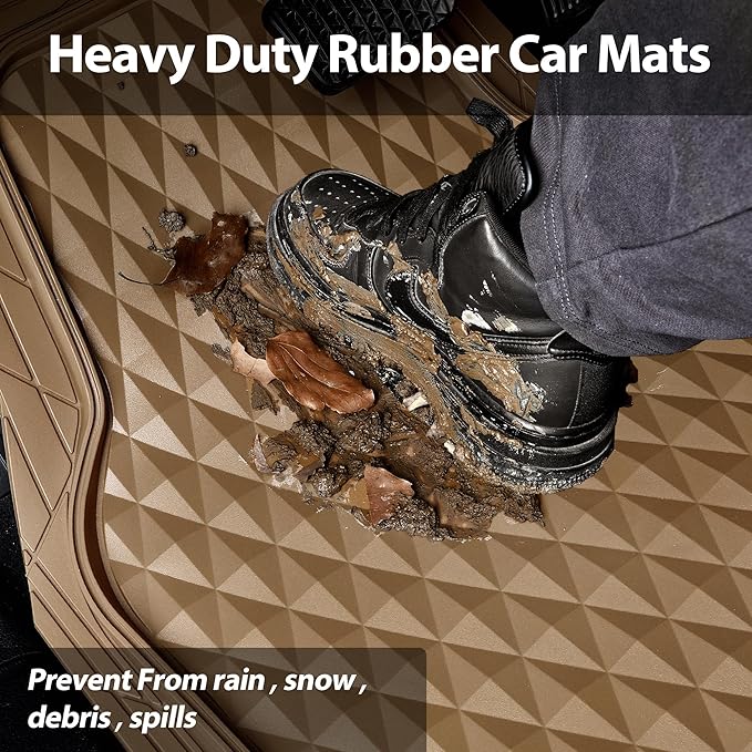 CAR PASS Heavy Duty Rubber Beige Car Floor Mats & Cargo Liners, Deep Dish All-Weather Trunk Mats Durable Anti-Slip 3D Rhombus Waterproof Trim to Fit Liner Universal Fit Auto,Sedan,SUV,Truck, Beige