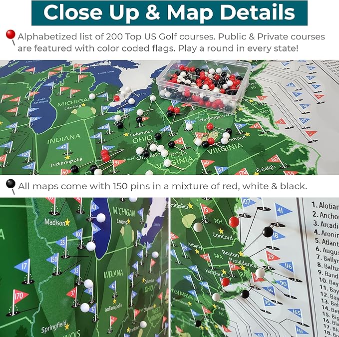 Push Pin Travel Maps Customizable Wall Art - Top Golf Courses USA Map - Solid Wood Brown - Framed Pin Map, Includes 150 Pins - Handcrafted in USA - 27.5" x 39.5"