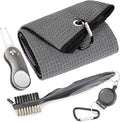 Mile High Life Microfiber Waffle Pattern Golf Towel | Club Groove Cleaner Brush | Foldable Divot Tool with Magnetic Ball Marker (Dark Gray Towel/Brush/Curve Divot)