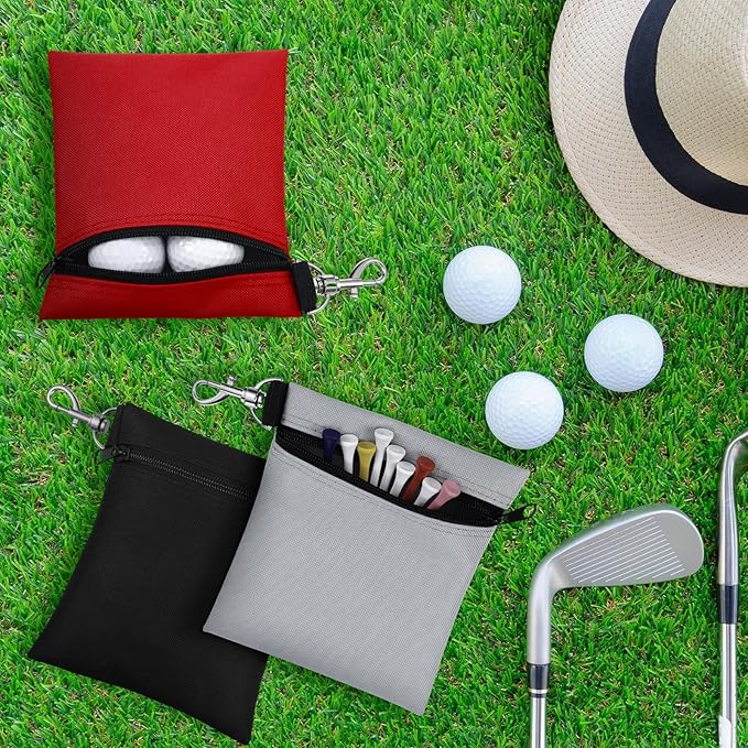 Shappy 3 Pcs Golf Tee Bag 6.7 x 5.5 Inch Golf Ball Bag Pouch Utility Tee Holder with Zipper Metal Lobster Claw Clip Valuables Gift Accessory Pouch for Men Women