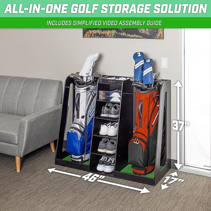 GoSports Premium Wooden Golf Bag Organizer and Storage Rack - Black, White or Brown Finish - Holds 2 Golf Bags
