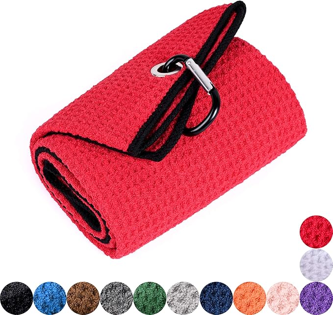 Mile High Life Microfiber Waffle Pattern Golf Towel | Club Groove Cleaner Brush | Foldable Divot Tool with Magnetic Ball Marker (Red Towel/Brush/Fish Divot)