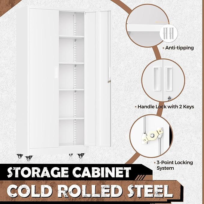 INTERGREAT Metal Garage Storage Cabinet with Wheels, Rolling Storage Cabinet with Locking Doors and 4 Adjustable Shelves,- 73" Steel Tool Cabinet for Home Office,Garage,Warehouse，White
