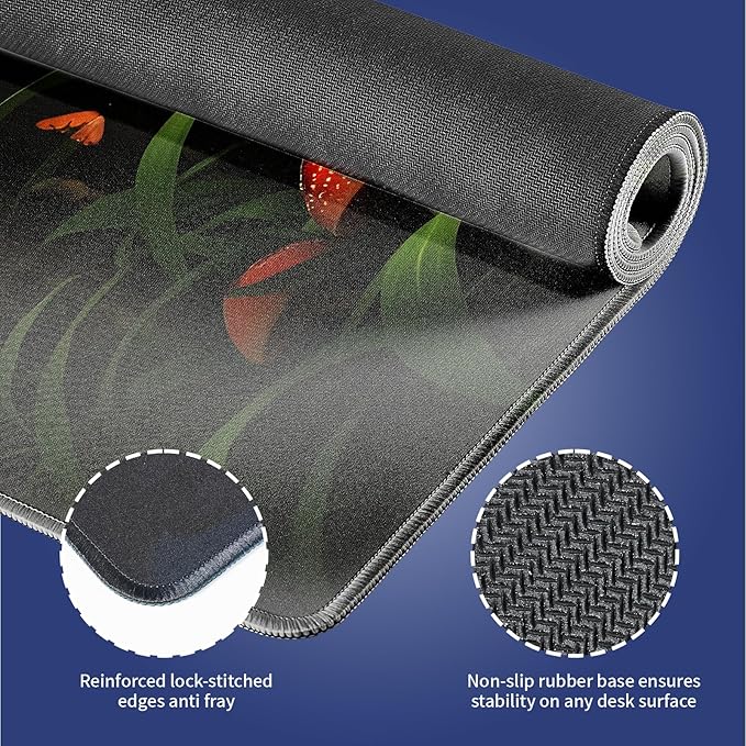 Extended XXL Gaming Mouse Pad with Stitched Edges for PC Home & Office - Mushrooms in Deep Dark Forest Fantasy Nature Earth Path Mystical Design, Smooth Fabric Surface Anti-Slip Base Large Desk Mat