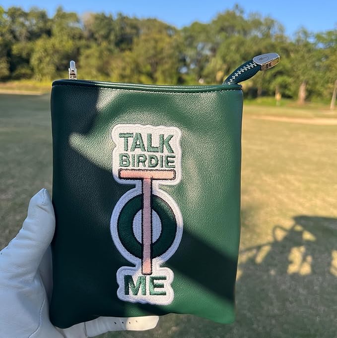 PINKTEE Golf Valuables Pouch Funny Golf Accessories Bag with Zipper Master Green Premiun Leather Golf Tee/Ball Pouch for Women Men (TALK BIRDIE TO ME, White stripe)