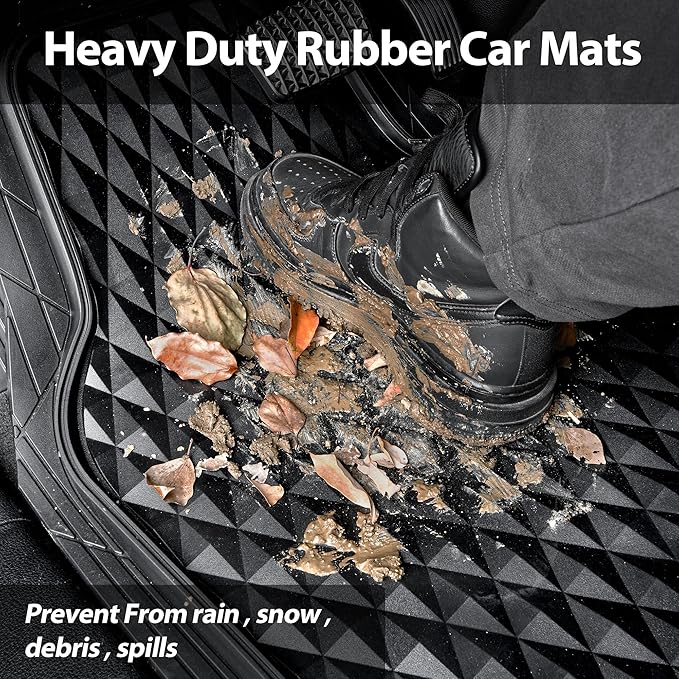 CAR PASS Heavy Duty Rubber Black Car Floor Mats & Cargo Liners, Deep Dish All-Weather Trunk Mats Durable Anti-Slip 3D Rhombus Waterproof Trim to Fit Liner Universal Fit Auto,Sedan,SUV,Truck, Black
