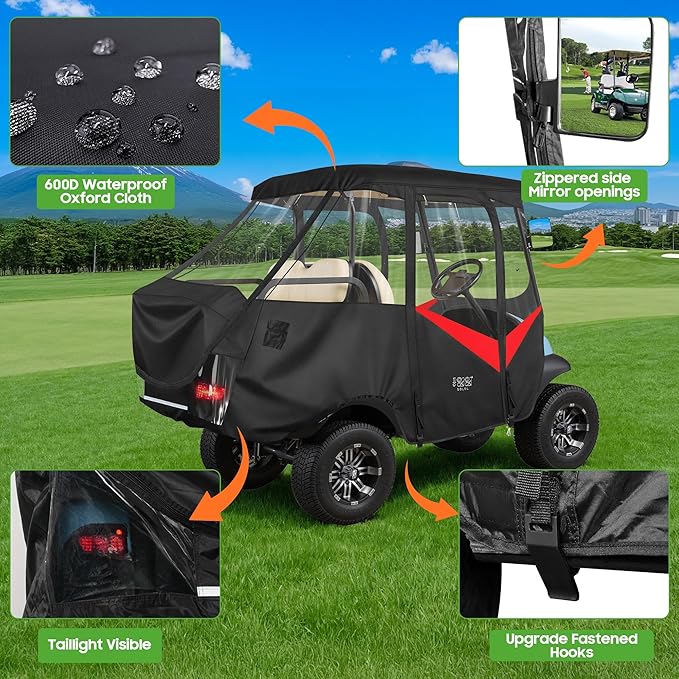 10L0L Golf Cart 4 Passenger Enclosure for Club Car Precedent Short Roof 57.5" Deluxe 600D Golf Cart Heavy Duty Rain Cover with 4 Zipped Doors Clear PVC Windows (Latest Improved Version)