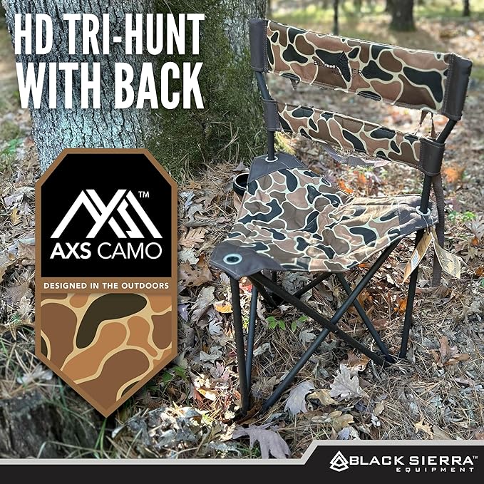 Black Sierra HD Tri-Hunt with Back Hunting Stool, Foldable Tripod Seat w/Steel Frame Supports 300-lb, Heavy Duty Fishing Chair Features Cup-Holder & Carry Shoulder Strap, for Camping