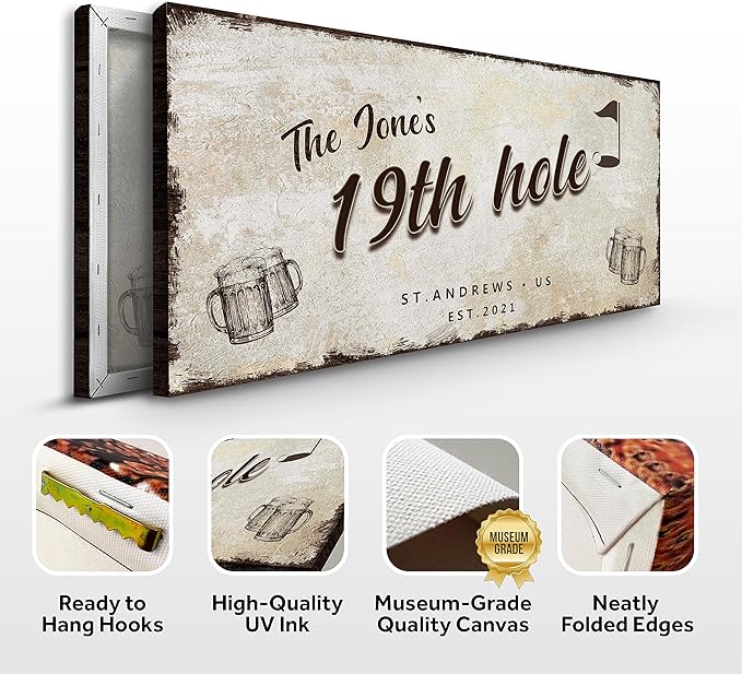 TAILORED CANVASES Golf Art Decor - Personalized Vintage Golf Wall Art Sign for Man Cave, Bedroom, Basement, Home Bar and Custom Gift for Husband, Dad, Wedding & Anniversary - 19th Hole Sign, 20"x10"