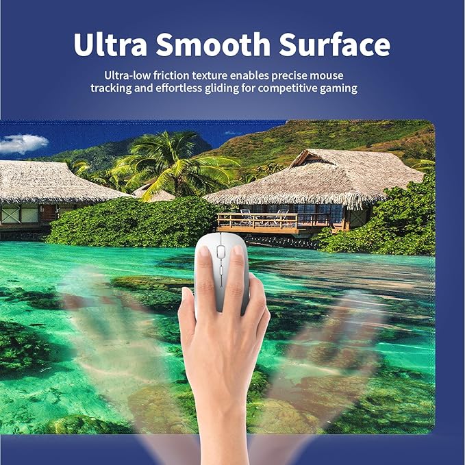 Extended XXL Gaming Mouse Pad with Stitched Edges - Tropical Paradise Overwater Bungalows with Clear Coral Reefs Summer Vacation, Smooth Surface Anti-Slip Base Large Desk Mat for Mice & Keyboard