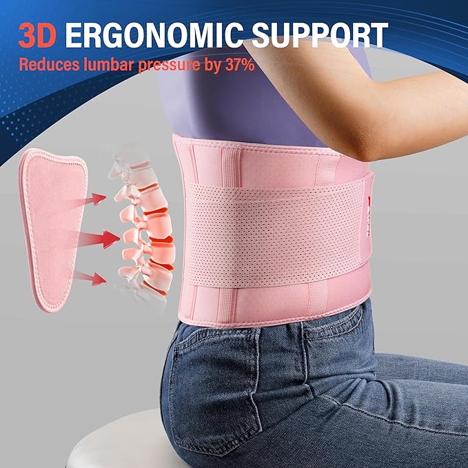 FEATOL Back Brace for Lower Back Pain, Breathable Back Support Belt for Women & Men with Lumbar Pad, Lumbar Support Belt for Heavy Lifting & Work, Pink, S/M(Circumference:24.4-30")
