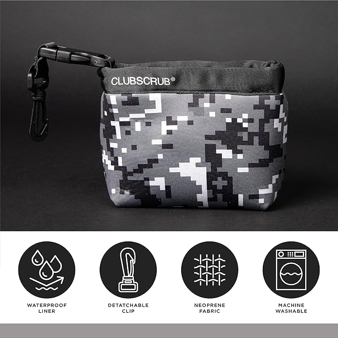 Club Scrub Golf Club and Golf Ball Cleaning Bag, Waterproof Clean Face Technology Liner, Detachable Clip, Machine Washable, Cleans Club Grooves, Dry Exterior (Neoprene or Microfiber Option Available)