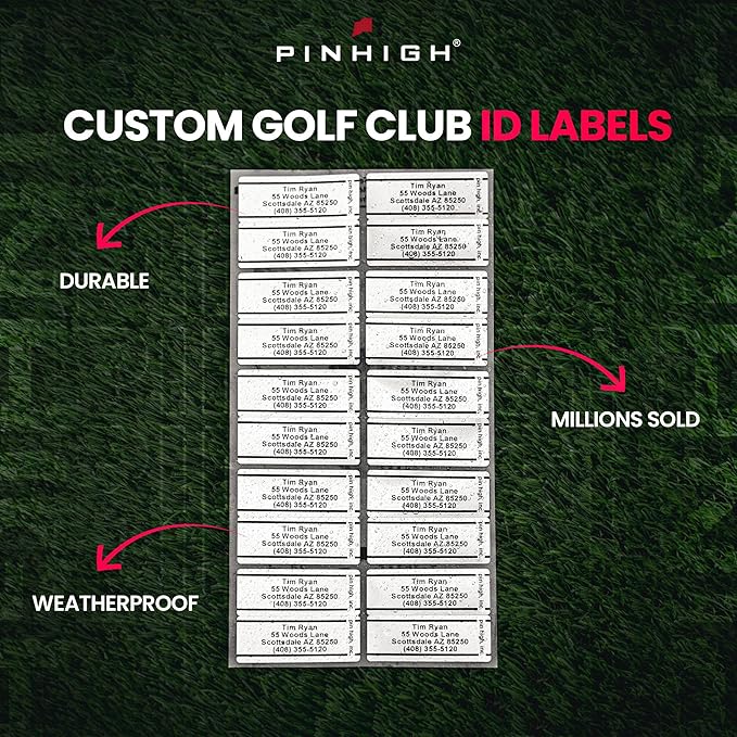 PIN HIGH 40 Personalized Golf Club Name Labels | Weatherproof, Fade Resistant, Laminated Thermal Transfer Custom ID Labels, Made in The USA, (Free Customization & Shipping), Chrome