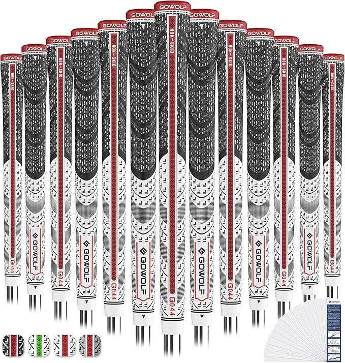 Gowolf Premium Cross Corded Natrual Rubber Golf Grips 13 Pack, Back Rib Improved Control Multi-compound Hybrid Golf Club Grips with 15pc Tapes or Full Kits