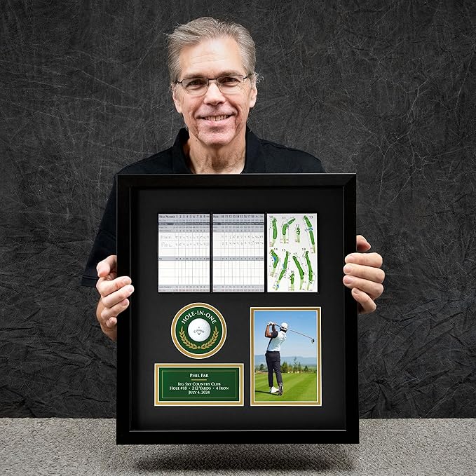 Hole-in-One Golf Display Case Frame, 3 or 4 Components for Ball, Scorecard, Photo & Printed Graphic Info Insert (Legend, 4 Components)