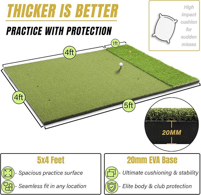 6x4ft Extra Large Tri-Turf & 5x4ft Ultra Thick 20mm Base Premium Golf Mat | Golf Mats Practice Outdoor, Indoor, or with Simulator/Net | Durable Turf Golf Hitting Mat with Tees