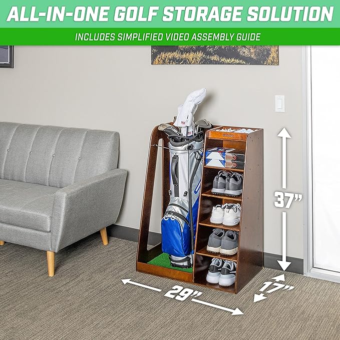 GoSports Premium Wooden Golf Bag Organizer and Storage Rack - Black, White or Brown Finish